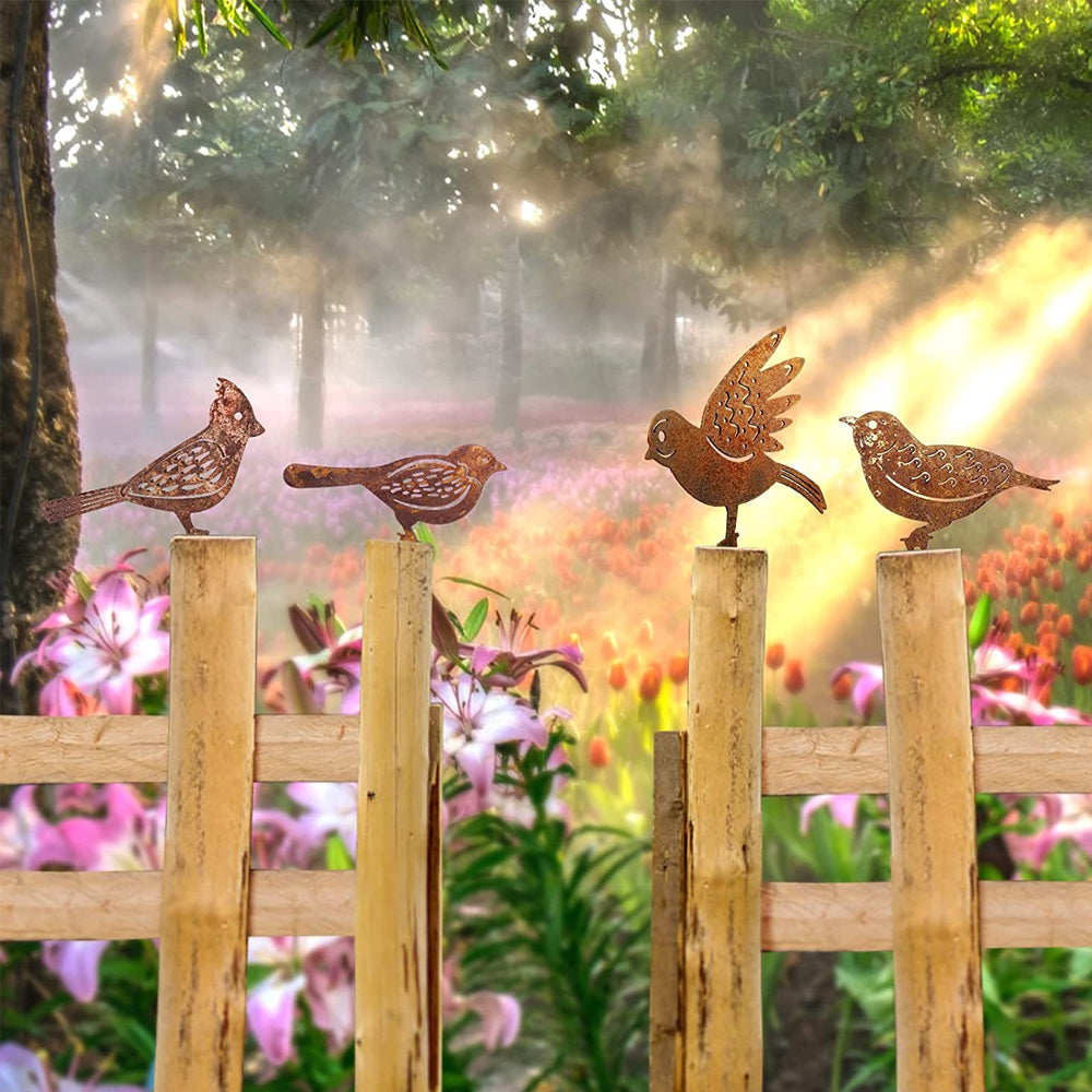 4Pcs Rusty Metal Birds Fence Art Decor