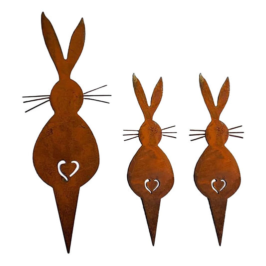 3-Piece Rusty Easter Bunny Ornament Set Yard Metal Stake Garden Art Decor