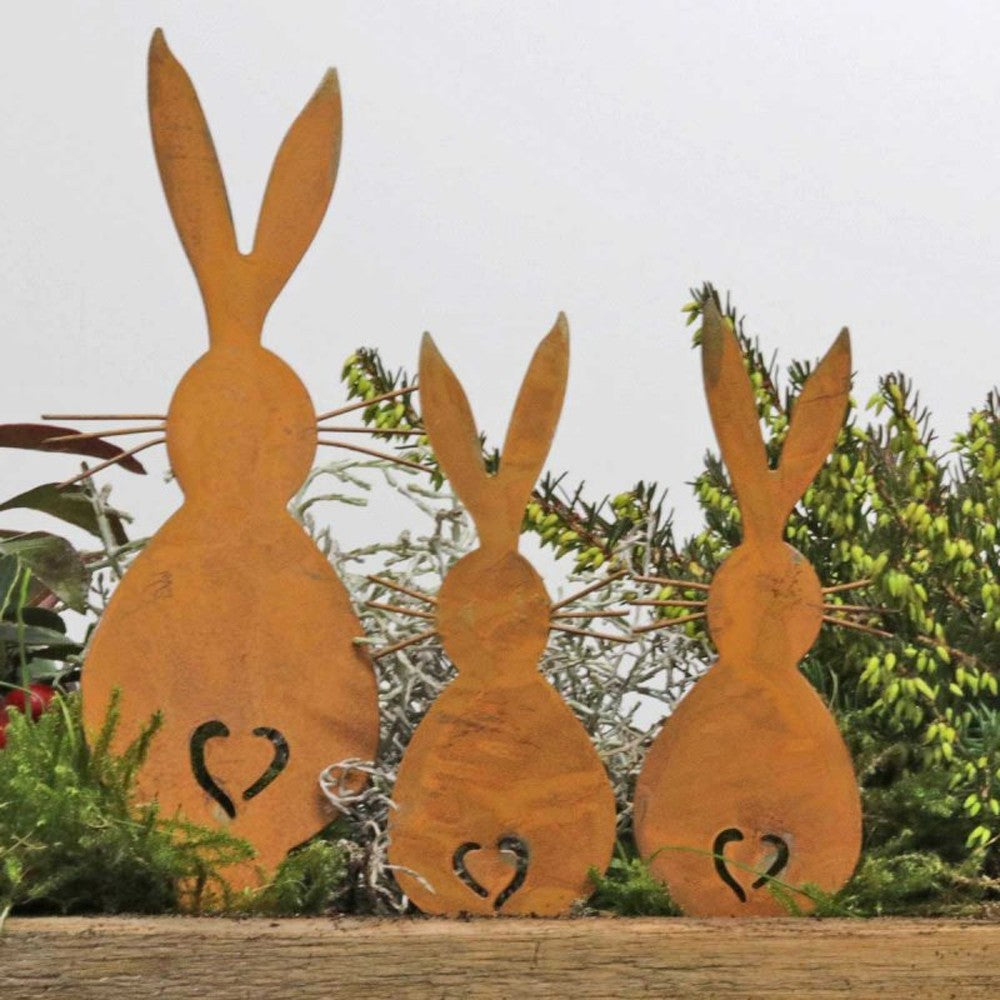 3-Piece Rusty Easter Bunny Ornament Set Yard Metal Stake Garden Art Decor