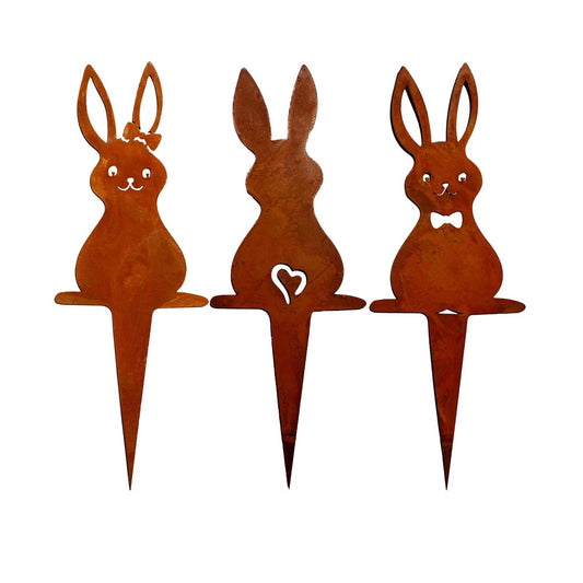 3-Piece Rusty Easter Bunny Ornament Set Yard Metal Stake Garden Art Decor
