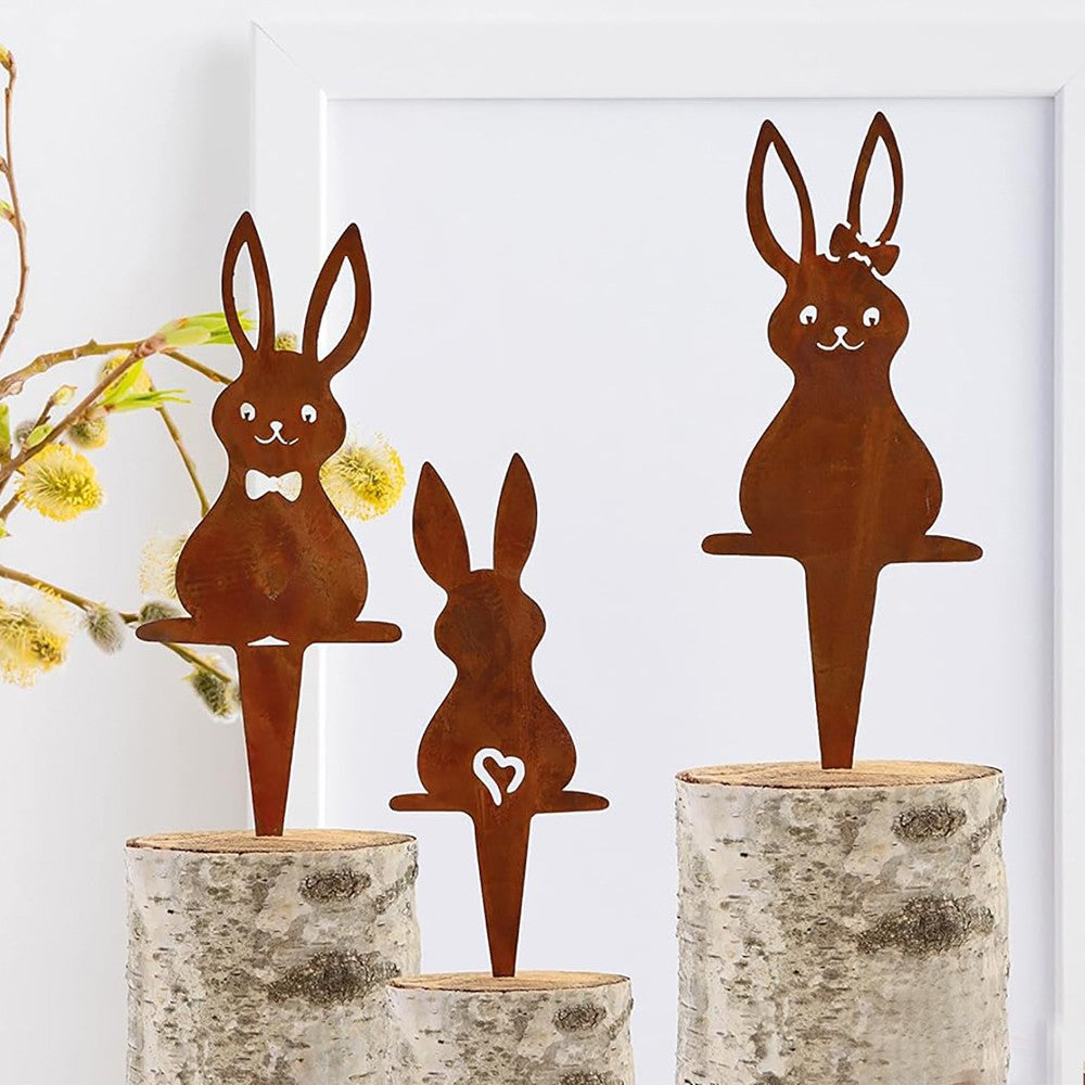 3-Piece Rusty Easter Bunny Ornament Set Yard Metal Stake Garden Art Decor