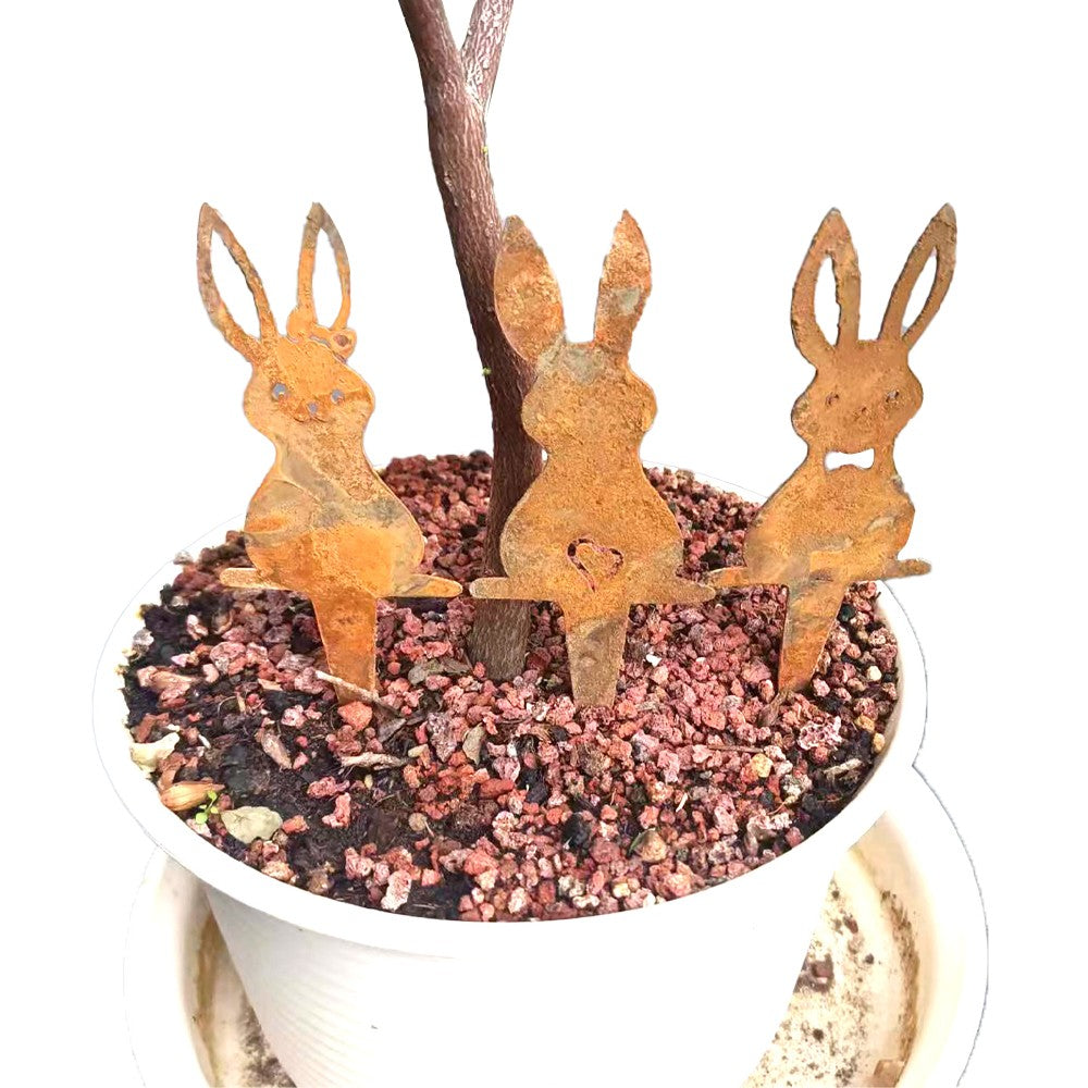 3-Piece Rusty Easter Bunny Ornament Set Yard Metal Stake Garden Art Decor