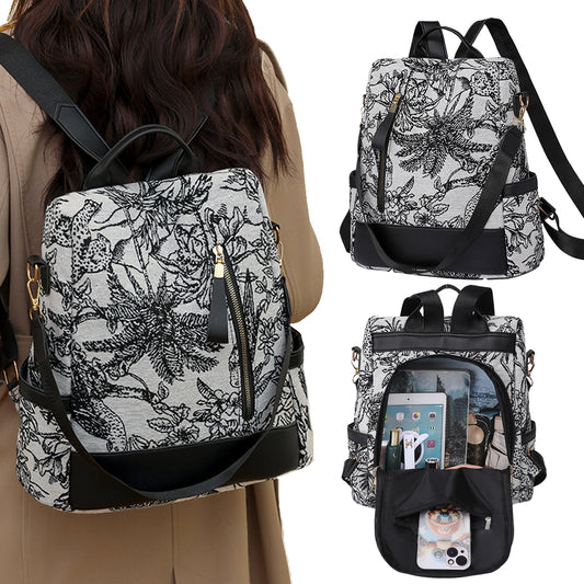 Printed Anti-theft Backpack Multifunctional Large Capacity Travel Bag - Black