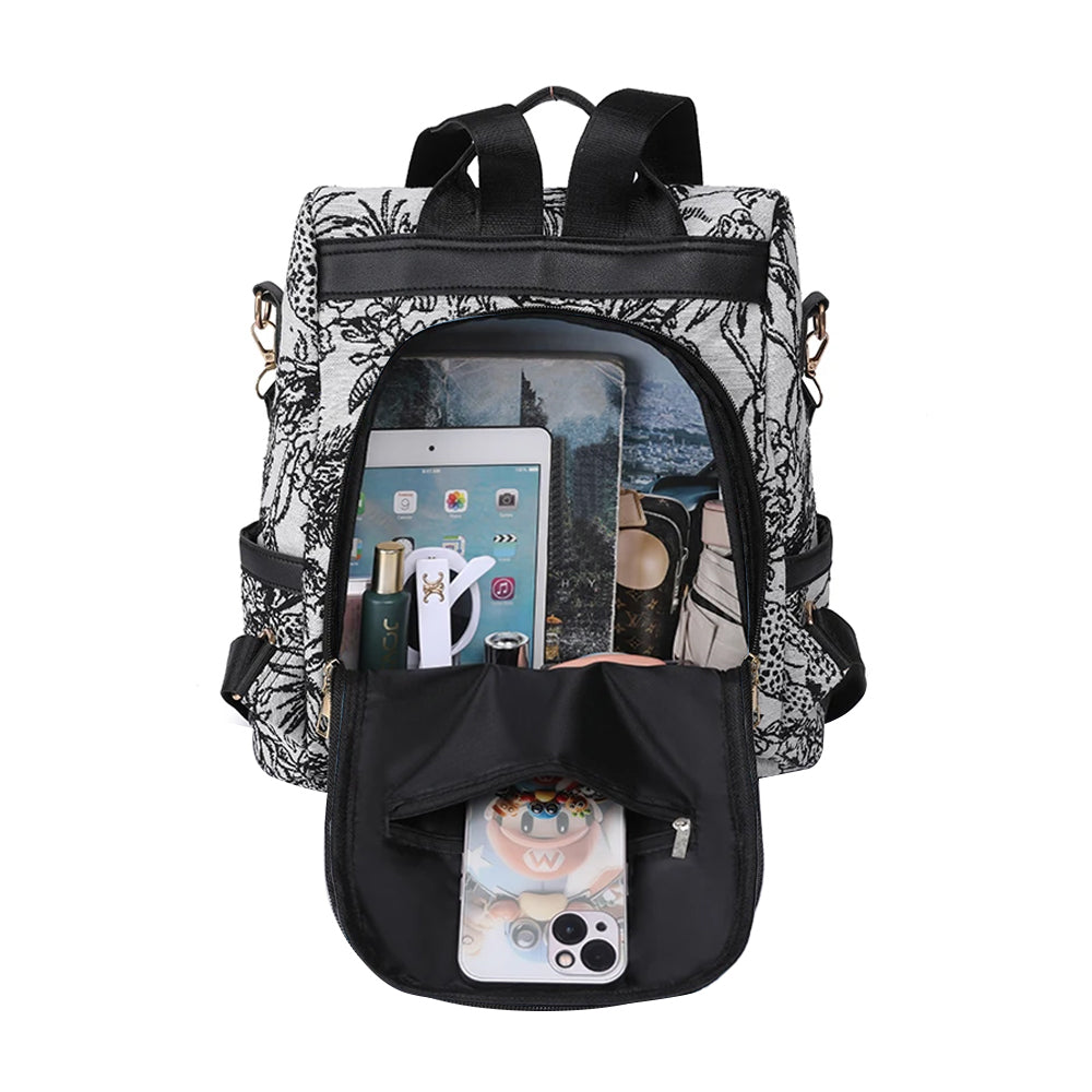 Printed Anti-theft Backpack Multifunctional Large Capacity Travel Bag - Black