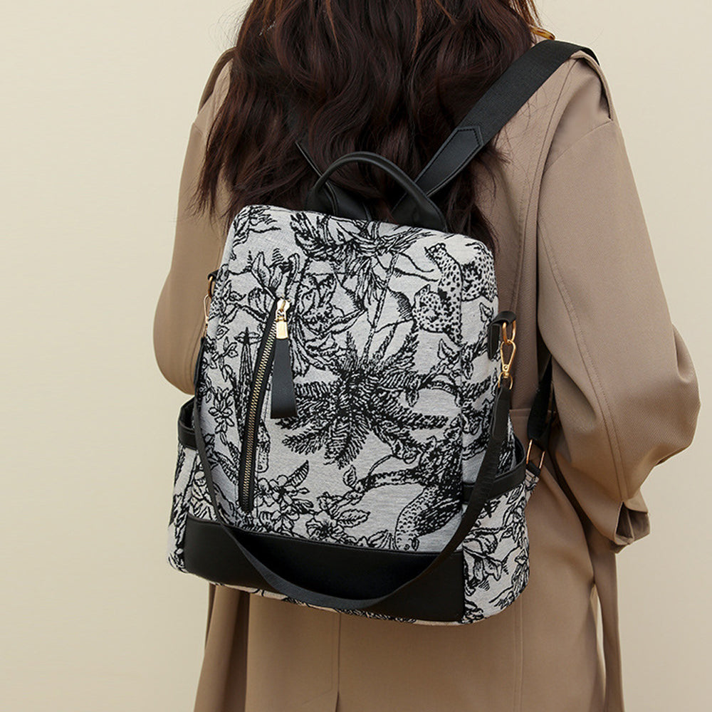 Printed Anti-theft Backpack Multifunctional Large Capacity Travel Bag - Black