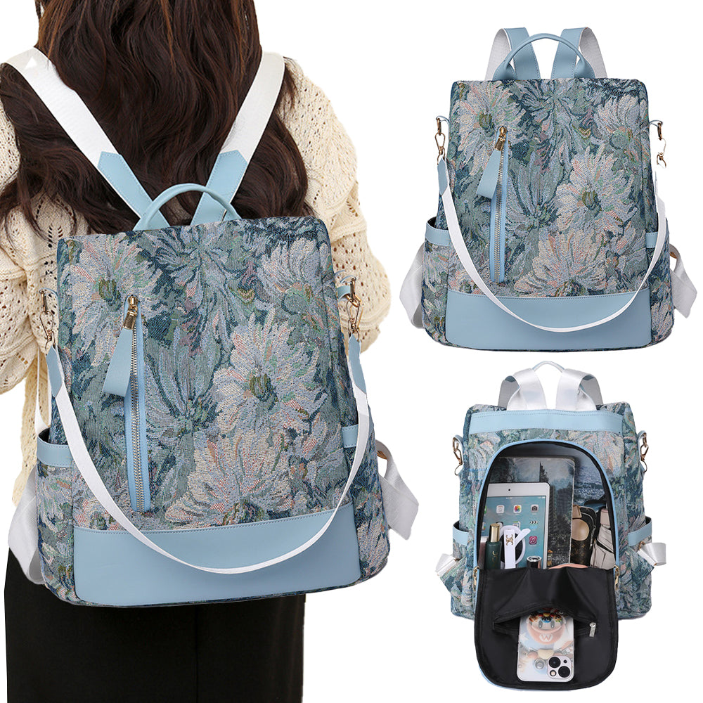 Printed Anti-theft Backpack Multifunctional Large Capacity Travel Bag - Blue
