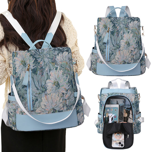 Printed Anti-theft Backpack Multifunctional Large Capacity Travel Bag - Blue