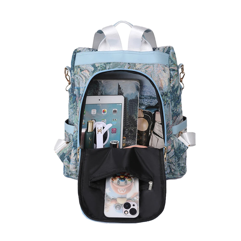Printed Anti-theft Backpack Multifunctional Large Capacity Travel Bag - Blue