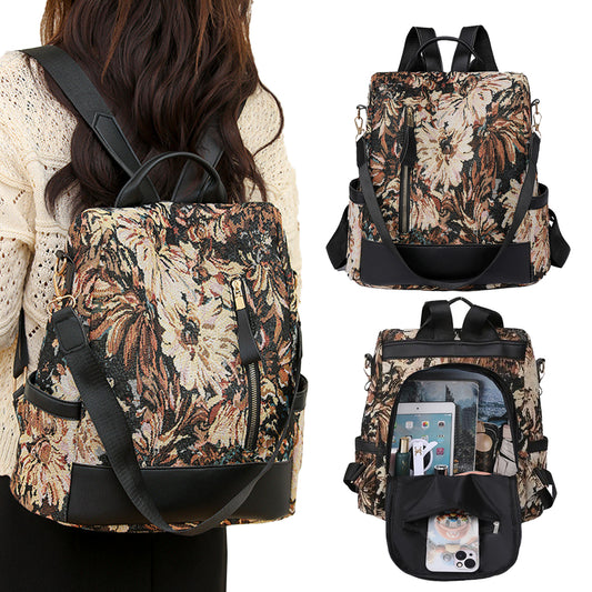 Printed Anti-theft Backpack Multifunctional Large Capacity Travel Bag - Brown