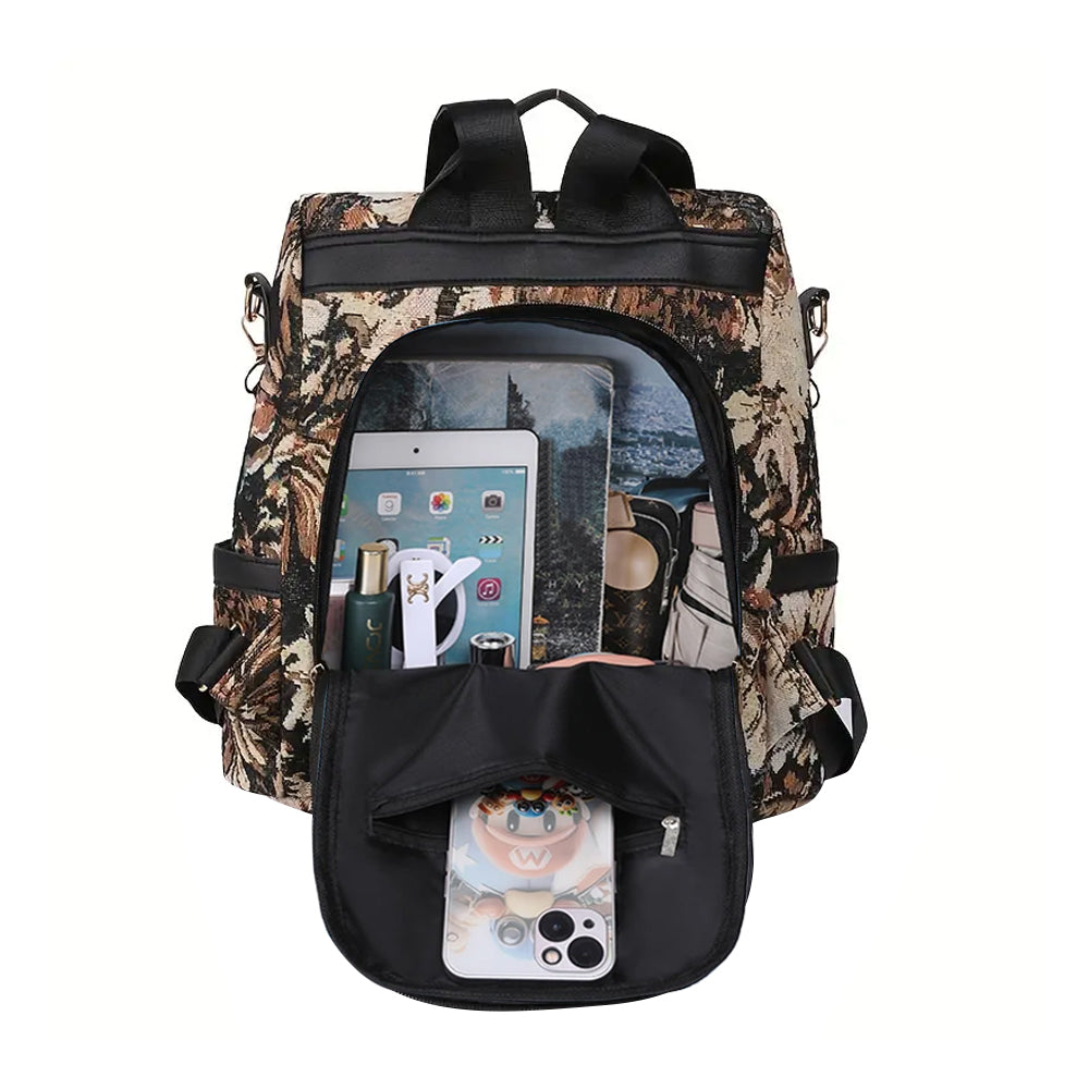 Printed Anti-theft Backpack Multifunctional Large Capacity Travel Bag - Brown