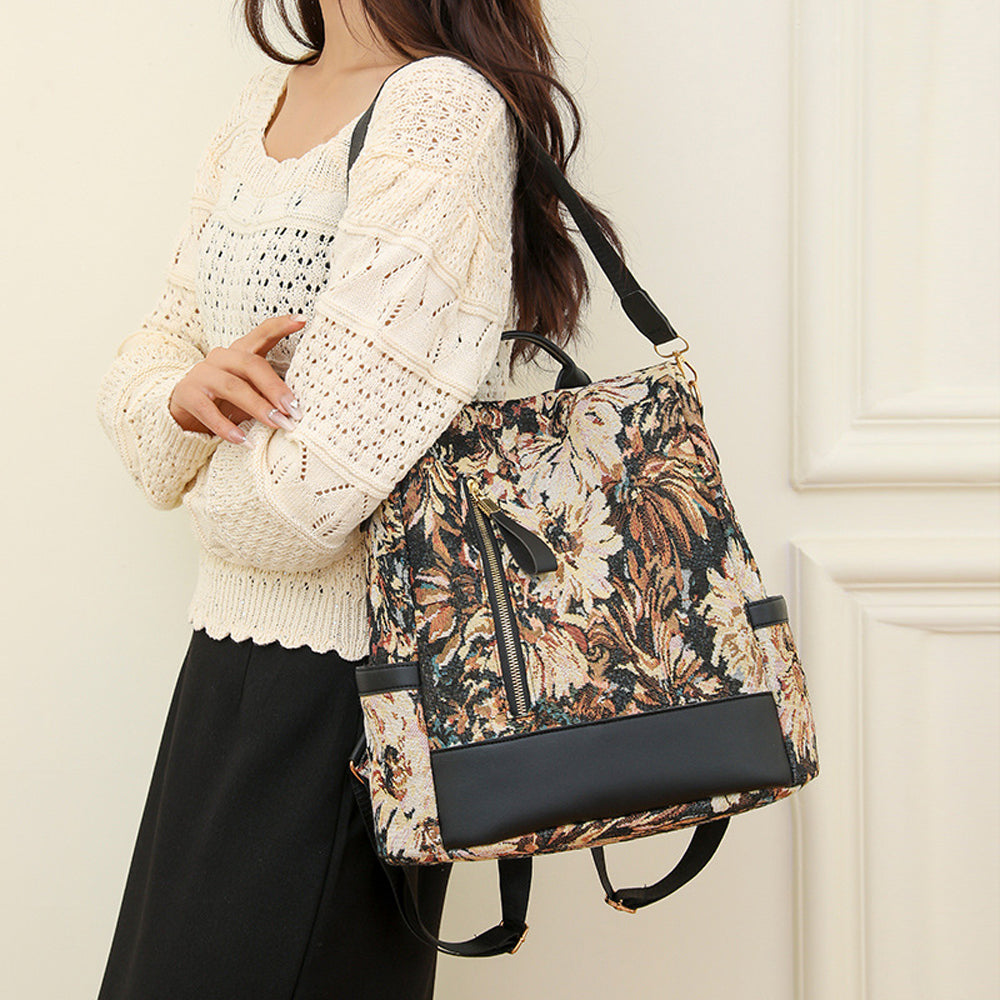 Printed Anti-theft Backpack Multifunctional Large Capacity Travel Bag - Brown