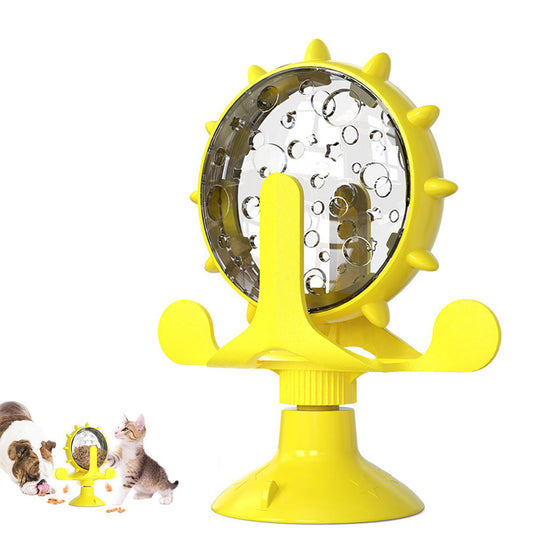 Pet Treats Dispenser 360 Degrees Rotating Windmill Toy Slow Pet Feeder Yellow