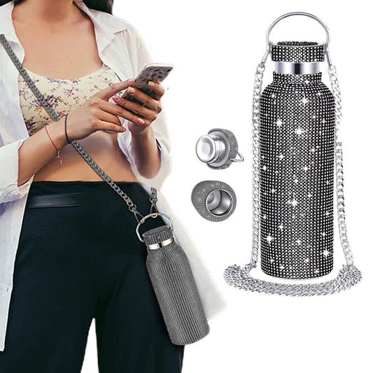 Bling Water Bottle Rhinestone Diamond Stainless Steel Insulated Bottle Black