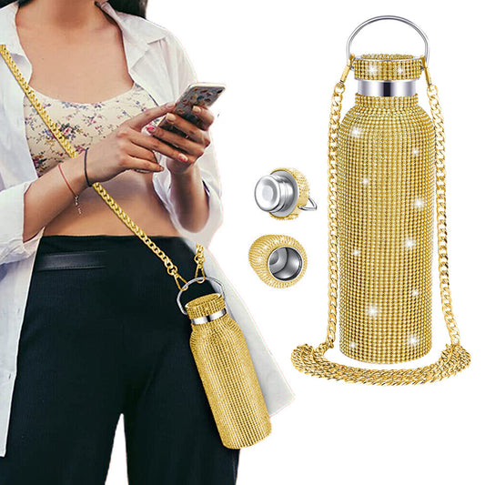 Bling Water Bottle Rhinestone Diamond Stainless Steel Insulated Bottle Gold