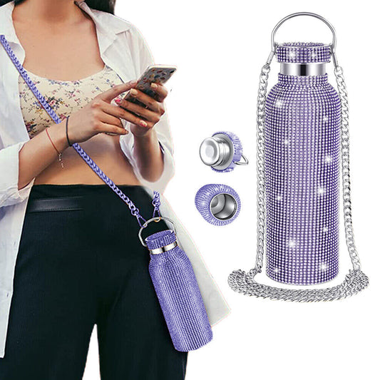 Bling Water Bottle Rhinestone Diamond Stainless Steel Insulated Bottle Purple