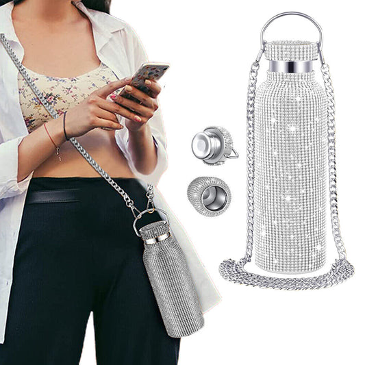Bling Water Bottle Rhinestone Diamond Stainless Steel Insulated Bottle Silver