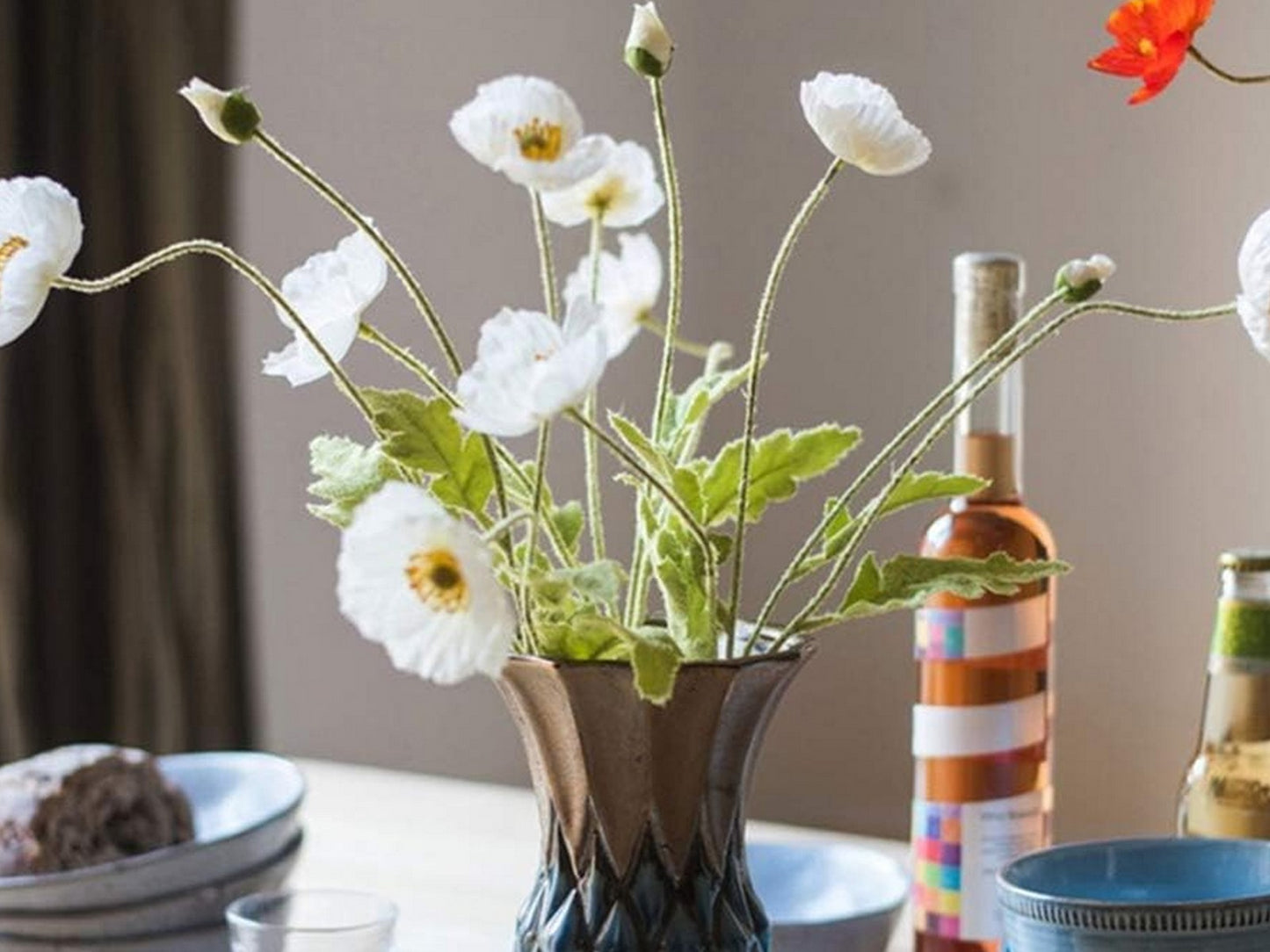 3Pcs 4 Head Artificial Poppy Flowers Papaver Rhoeas Flocking Stem Bouquet White
