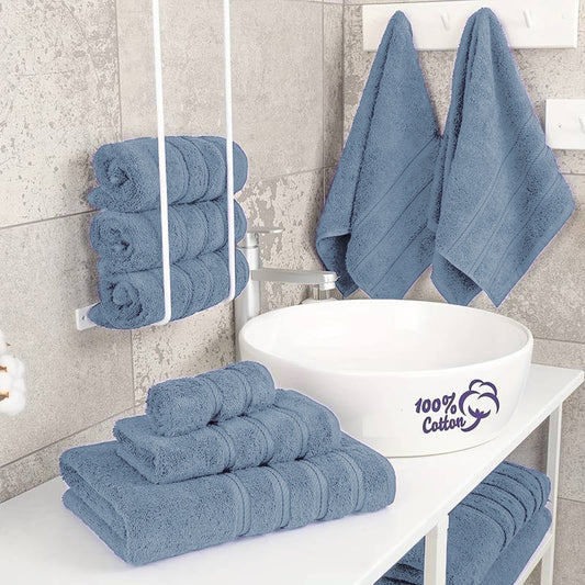6-Piece Set Pure Cotton Soft Absorbent Bath Towels for Bathroom Blue