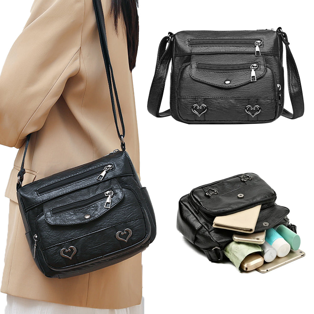 Retro Multi Pockets PU Leather Crossbody Shoulder Bag for Women Black