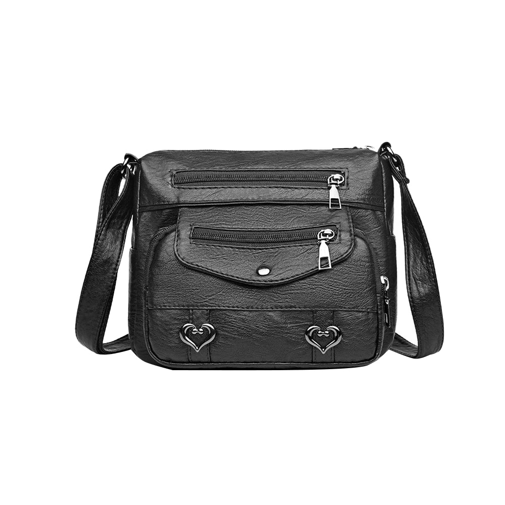 Retro Multi Pockets PU Leather Crossbody Shoulder Bag for Women Black