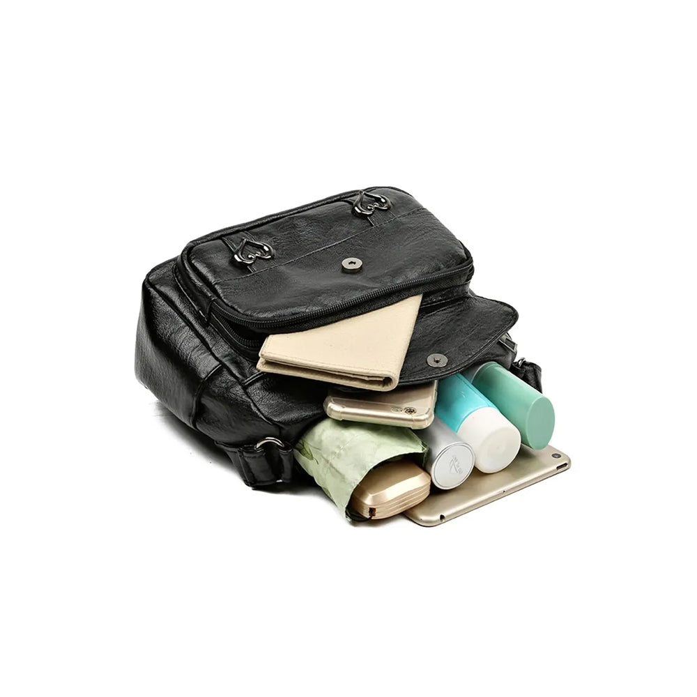 Retro Multi Pockets PU Leather Crossbody Shoulder Bag for Women Black