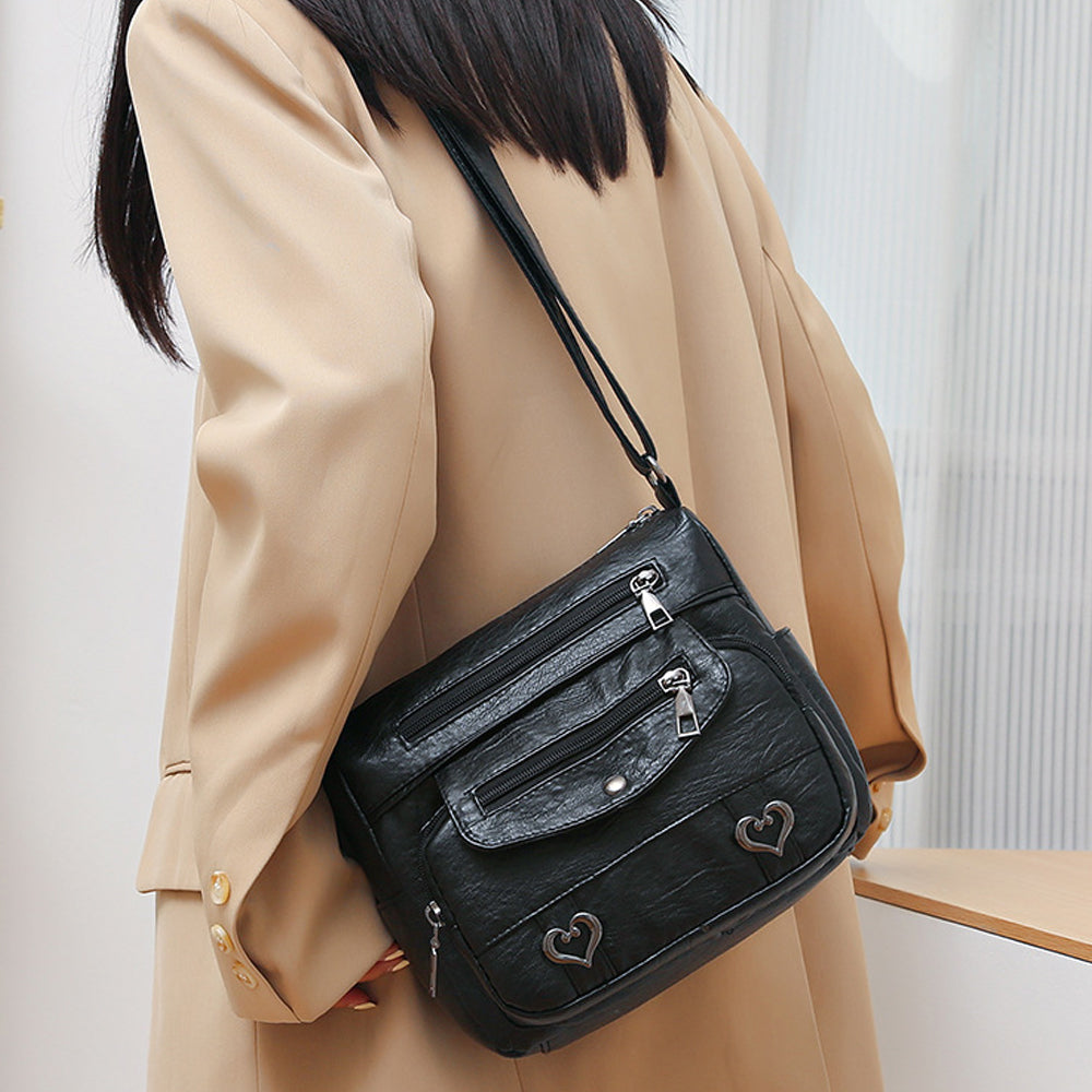 Retro Multi Pockets PU Leather Crossbody Shoulder Bag for Women Black