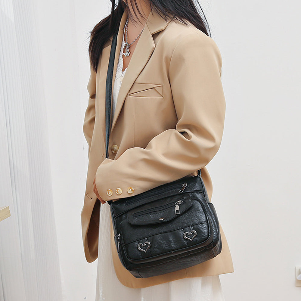 Retro Multi Pockets PU Leather Crossbody Shoulder Bag for Women Black