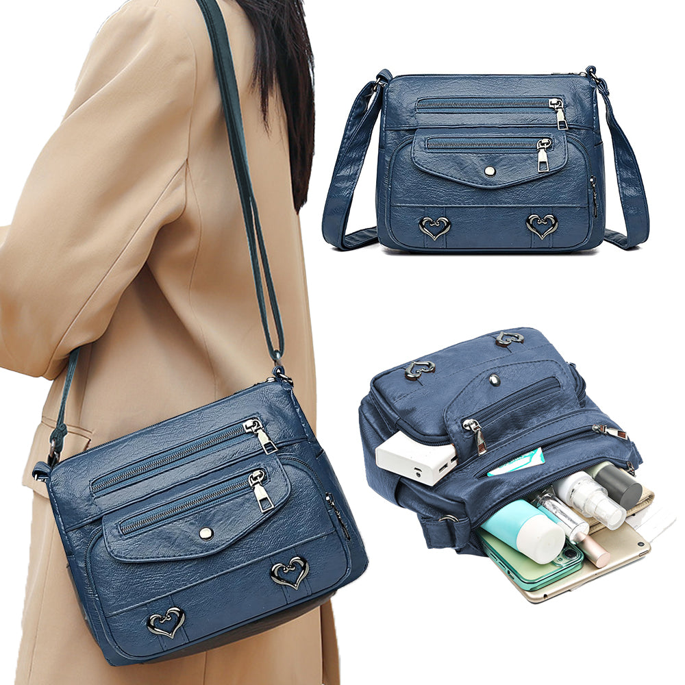 Retro Multi Pockets PU Leather Crossbody Shoulder Bag for Women Blue