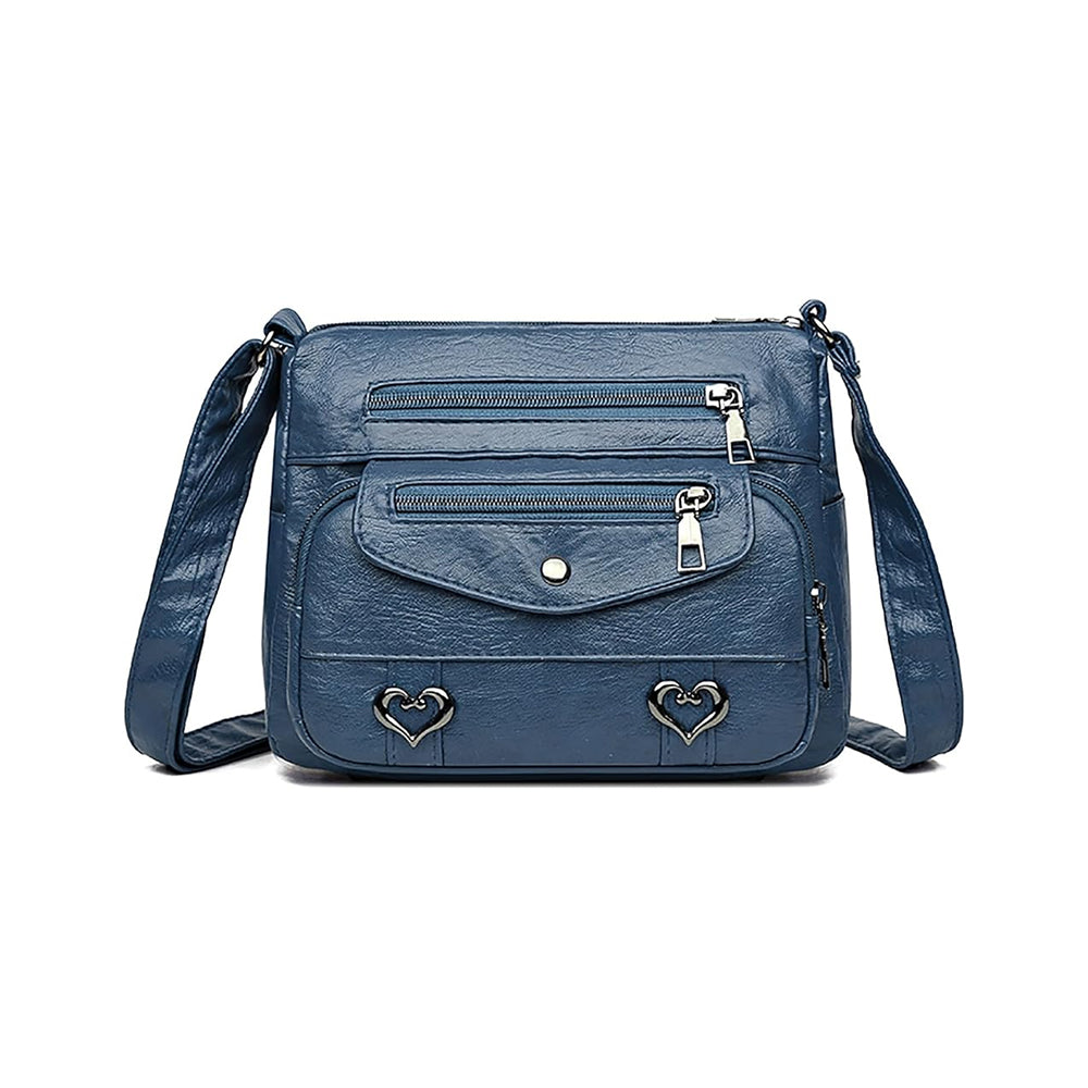 Retro Multi Pockets PU Leather Crossbody Shoulder Bag for Women Blue