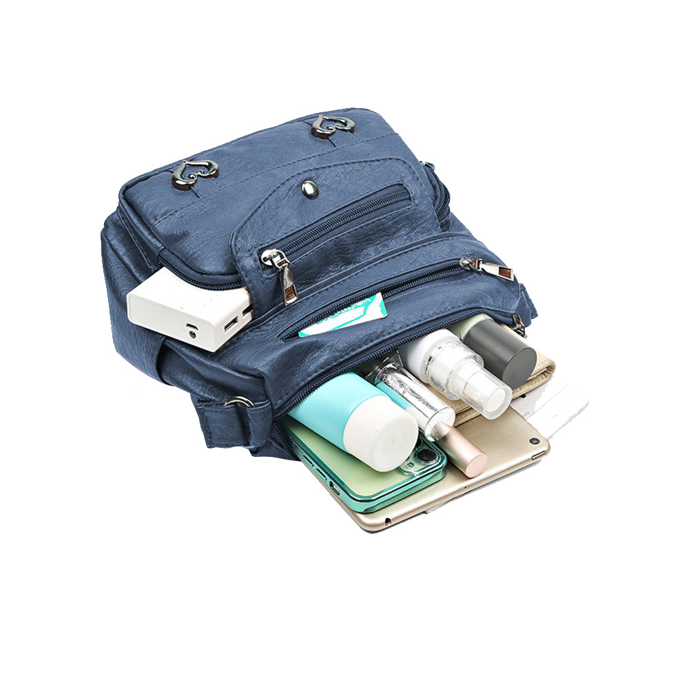 Retro Multi Pockets PU Leather Crossbody Shoulder Bag for Women Blue