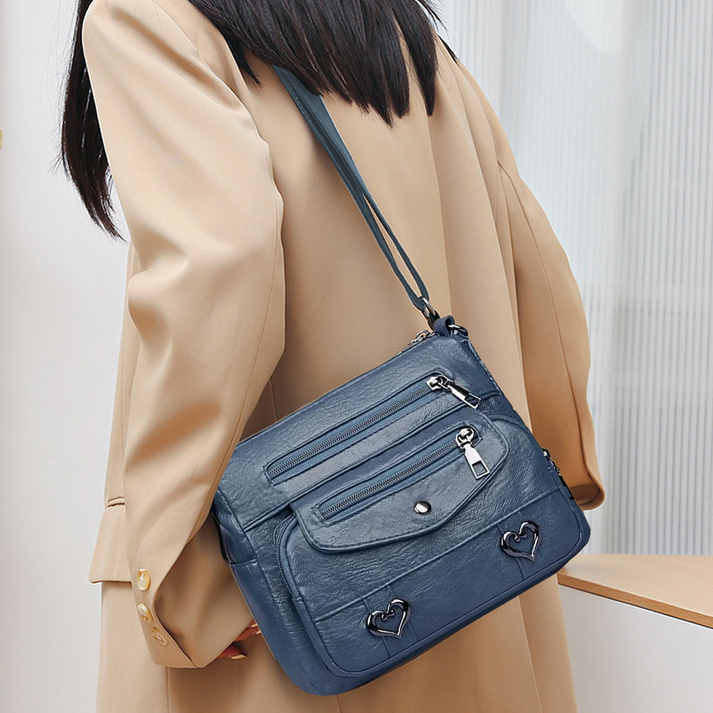 Retro Multi Pockets PU Leather Crossbody Shoulder Bag for Women Blue