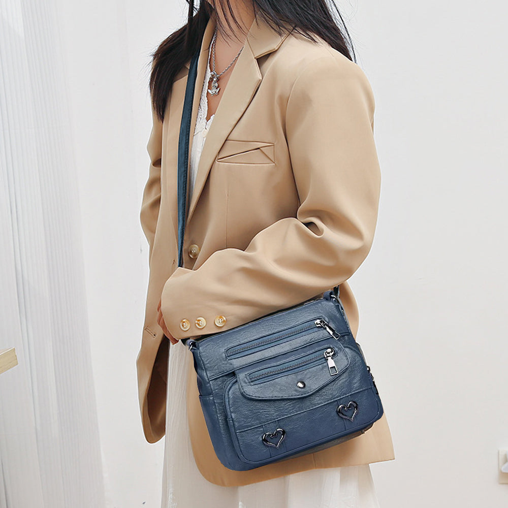 Retro Multi Pockets PU Leather Crossbody Shoulder Bag for Women Blue