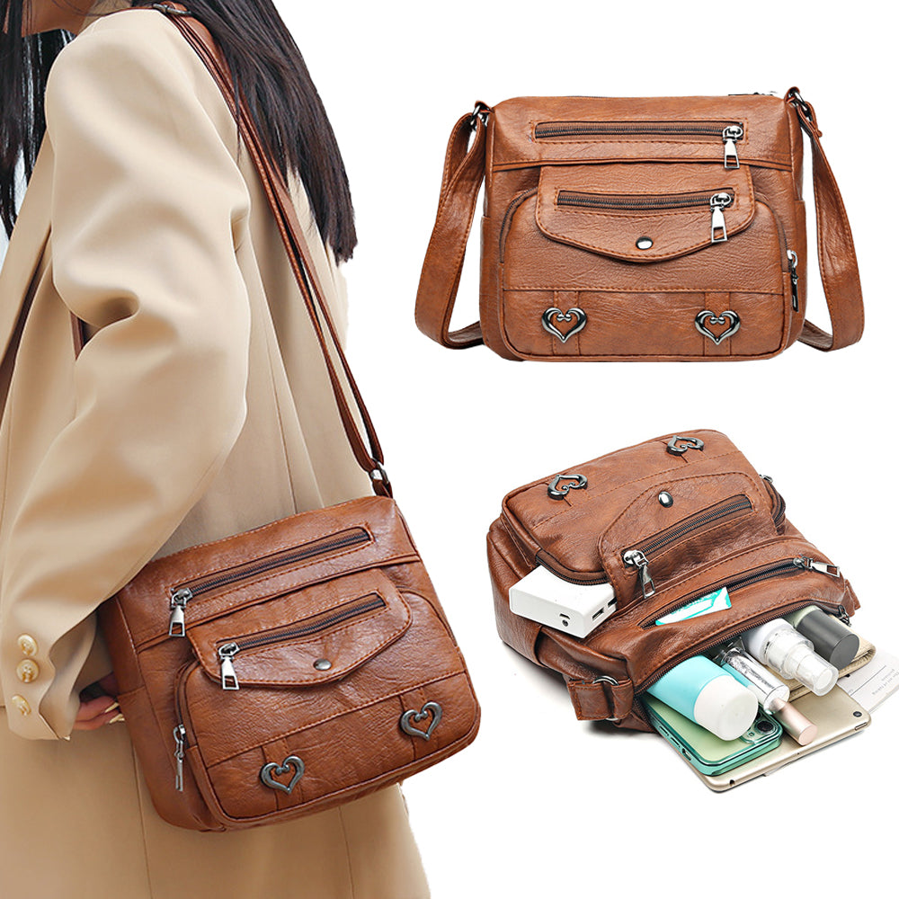 Retro Multi Pockets PU Leather Crossbody Shoulder Bag for Women Brown