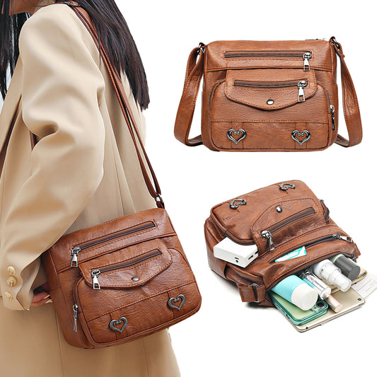 Retro Multi Pockets PU Leather Crossbody Shoulder Bag for Women Brown