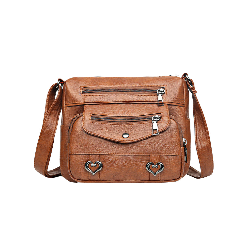 Retro Multi Pockets PU Leather Crossbody Shoulder Bag for Women Brown