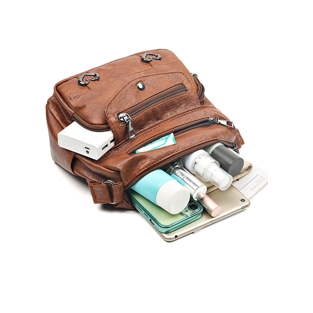 Retro Multi Pockets PU Leather Crossbody Shoulder Bag for Women Brown