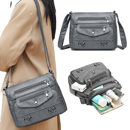 Retro Multi Pockets PU Leather Crossbody Shoulder Bag for Women Grey