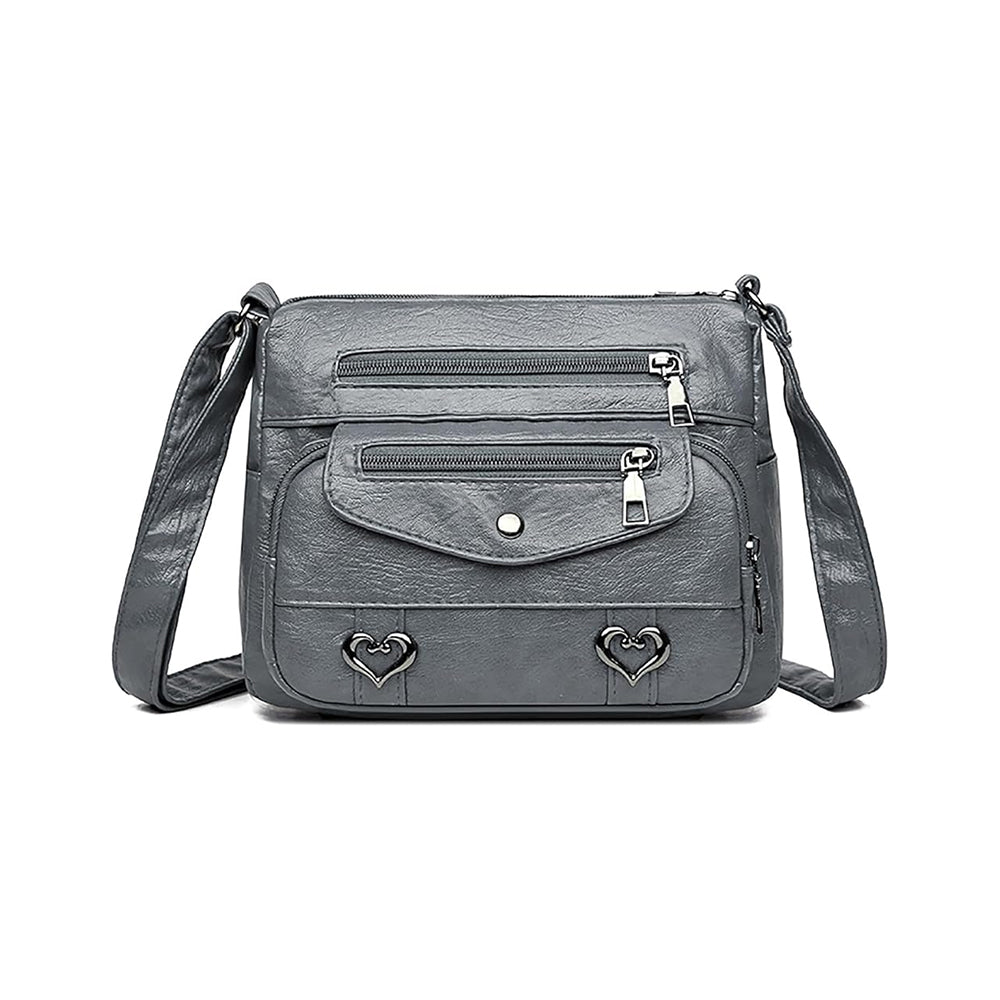 Retro Multi Pockets PU Leather Crossbody Shoulder Bag for Women Grey