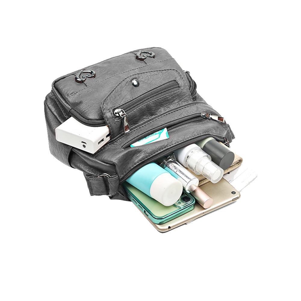 Retro Multi Pockets PU Leather Crossbody Shoulder Bag for Women Grey