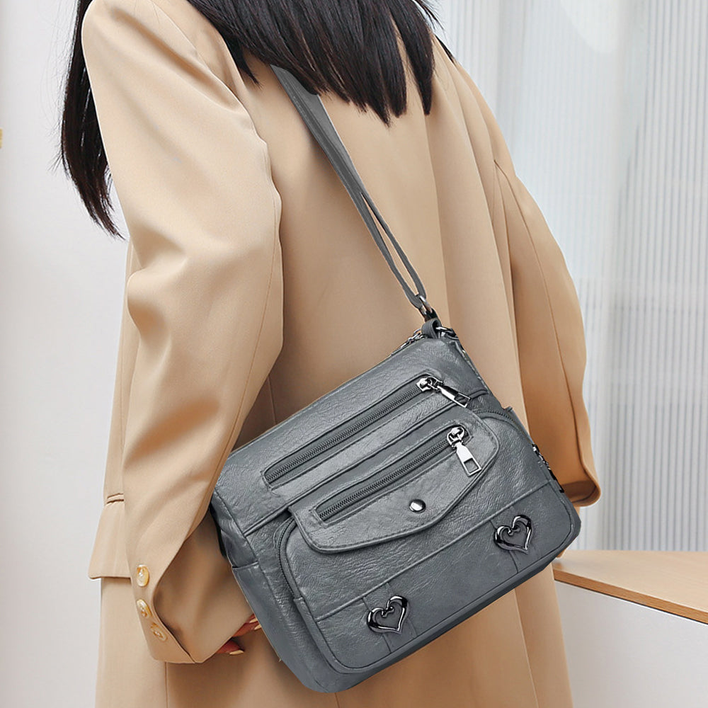 Retro Multi Pockets PU Leather Crossbody Shoulder Bag for Women Grey