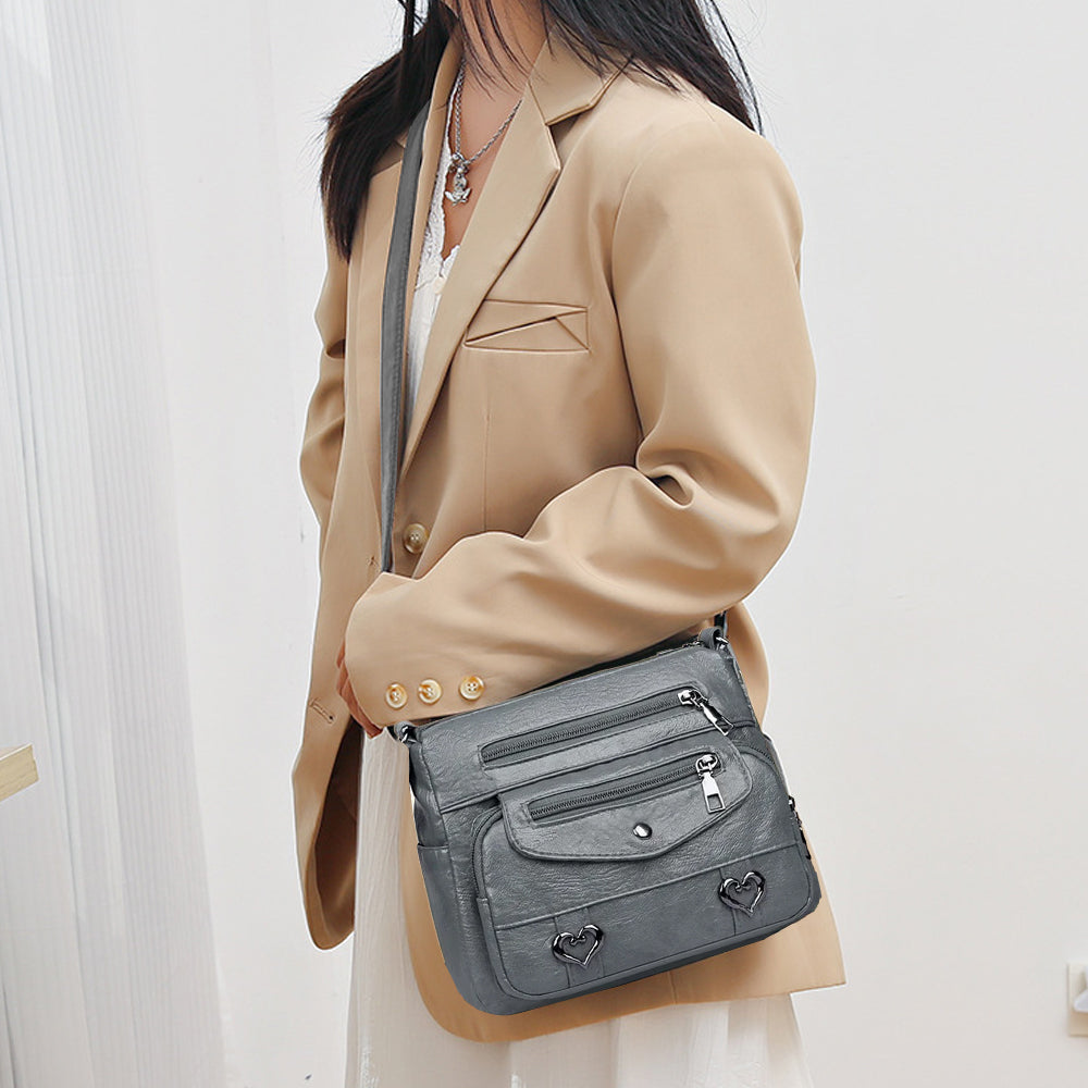 Retro Multi Pockets PU Leather Crossbody Shoulder Bag for Women Grey