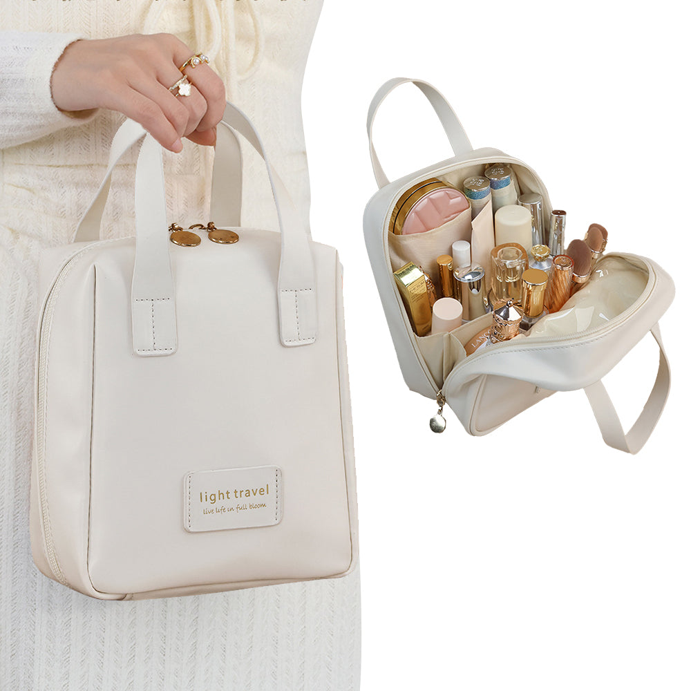 PU Leather Travel Cosmetic Bag Multi-function Storage Bag with Handle Beige