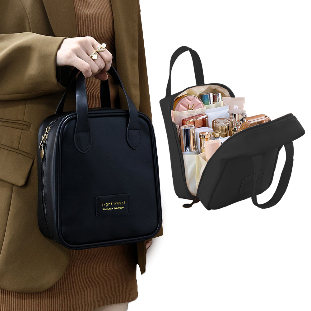 PU Leather Travel Cosmetic Bag Multi-function Storage Bag with Handle Black