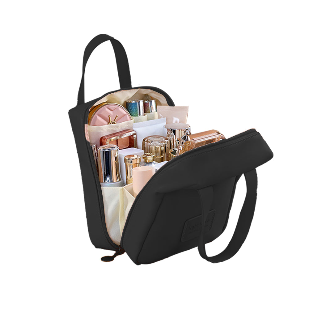 PU Leather Travel Cosmetic Bag Multi-function Storage Bag with Handle Black