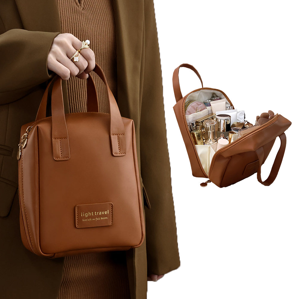 PU Leather Travel Cosmetic Bag Multi-function Storage Bag with Handle Brown