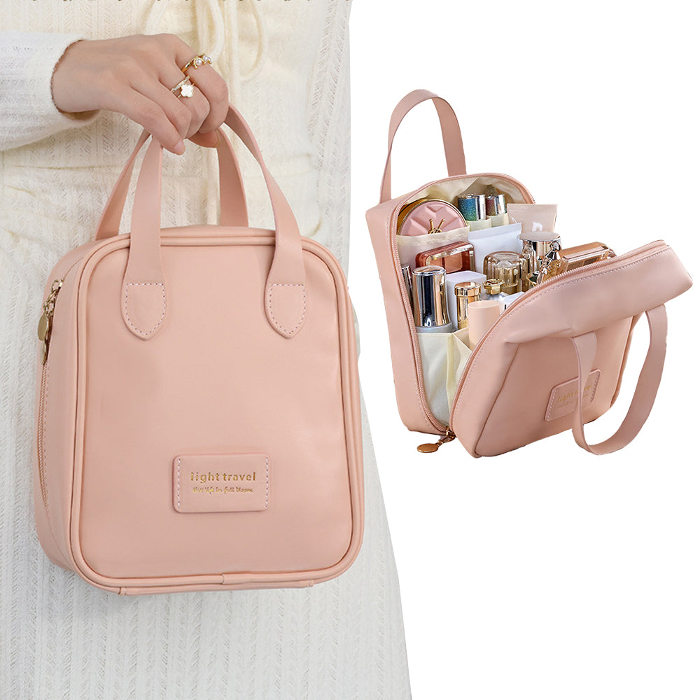 PU Leather Travel Cosmetic Bag Multi-function Storage Bag with Handle Pink
