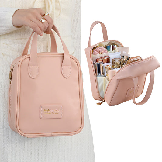 PU Leather Travel Cosmetic Bag Multi-function Storage Bag with Handle Pink