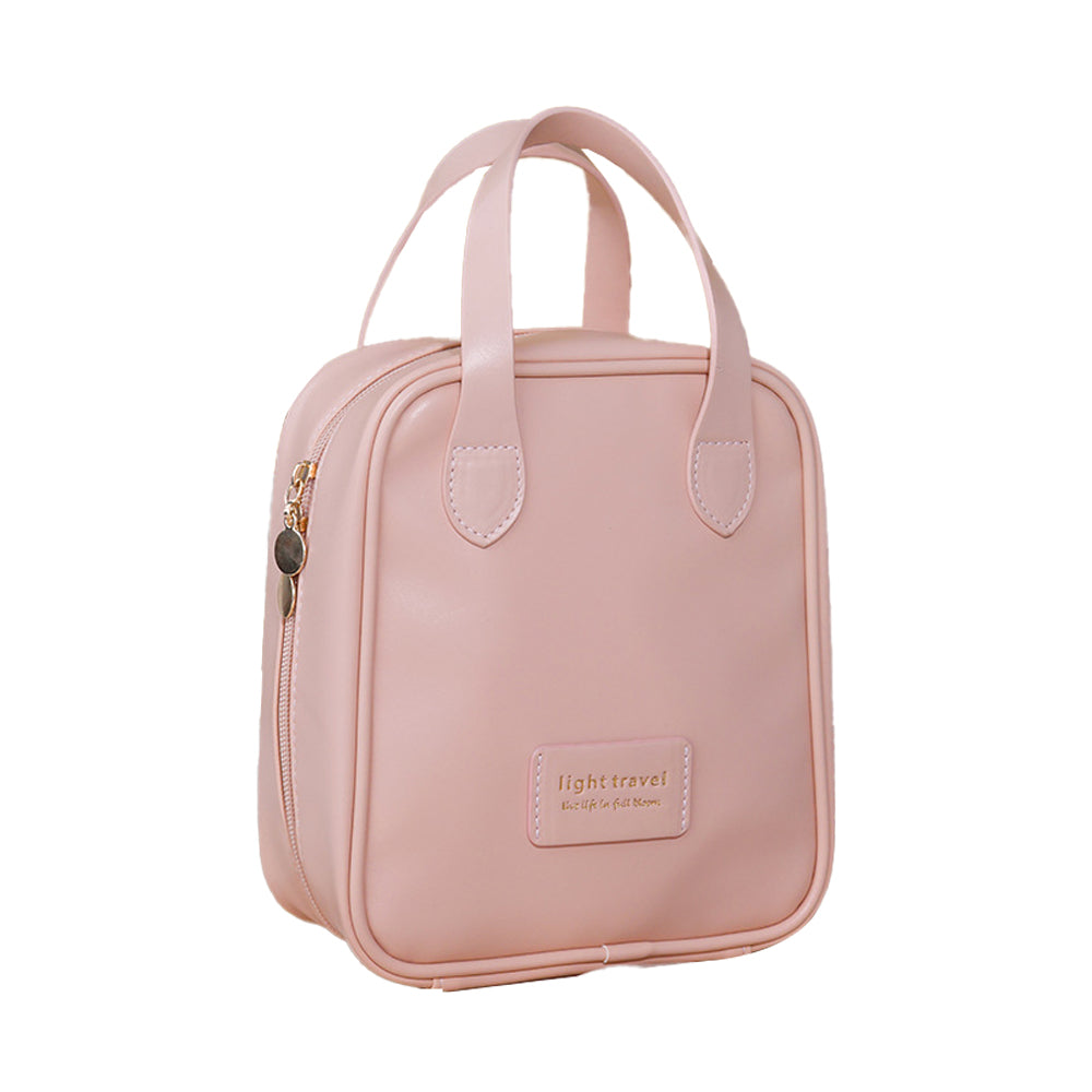 PU Leather Travel Cosmetic Bag Multi-function Storage Bag with Handle Pink