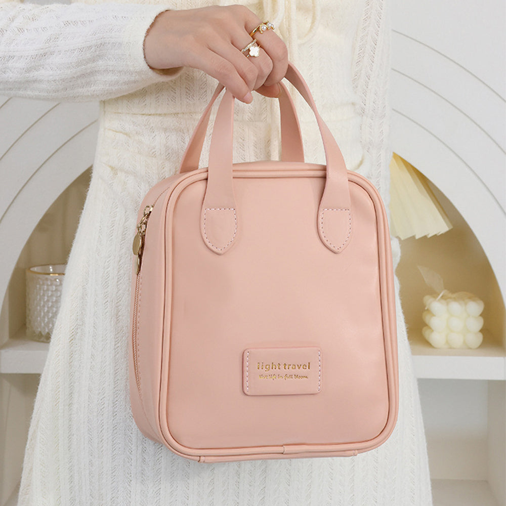 PU Leather Travel Cosmetic Bag Multi-function Storage Bag with Handle Pink