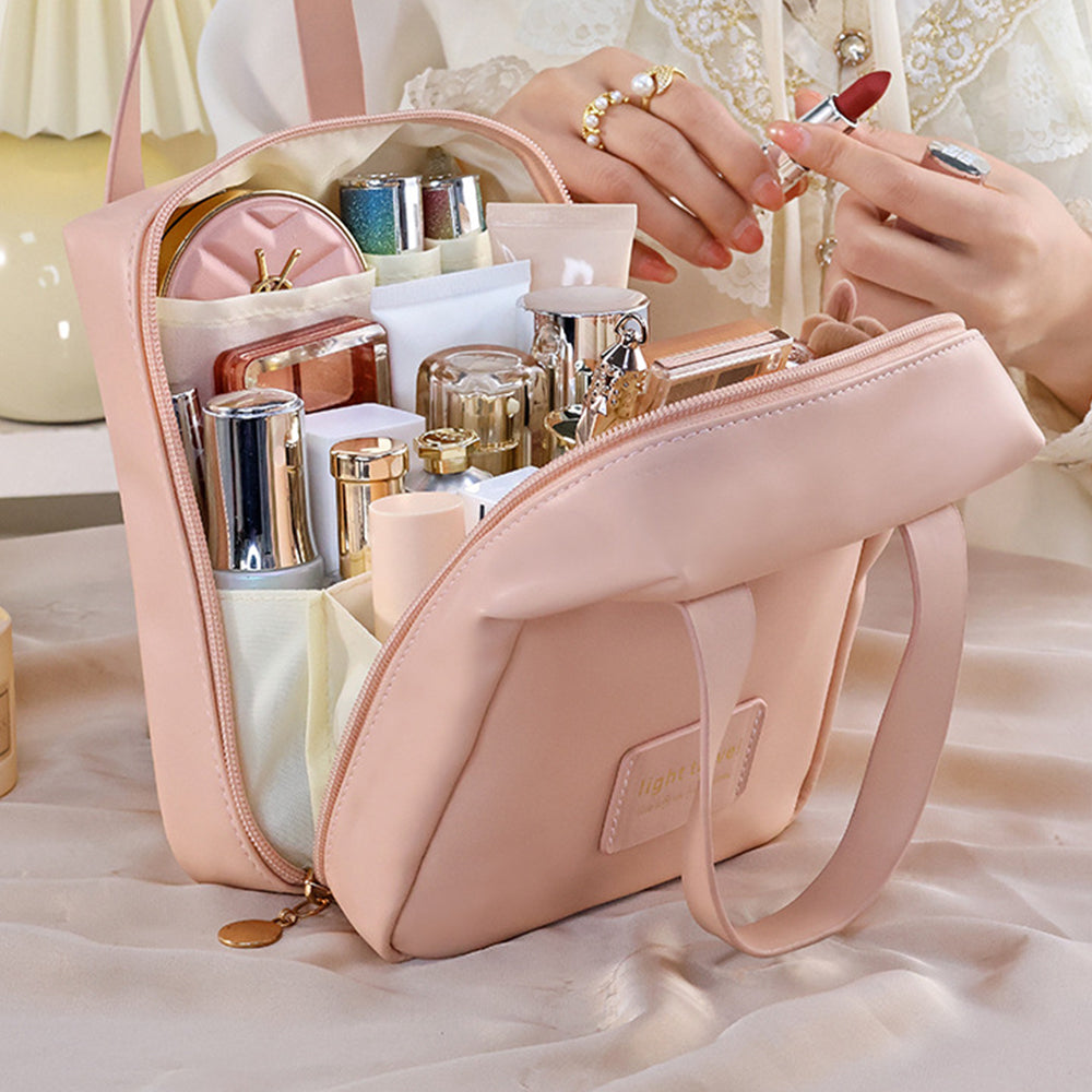 PU Leather Travel Cosmetic Bag Multi-function Storage Bag with Handle Pink